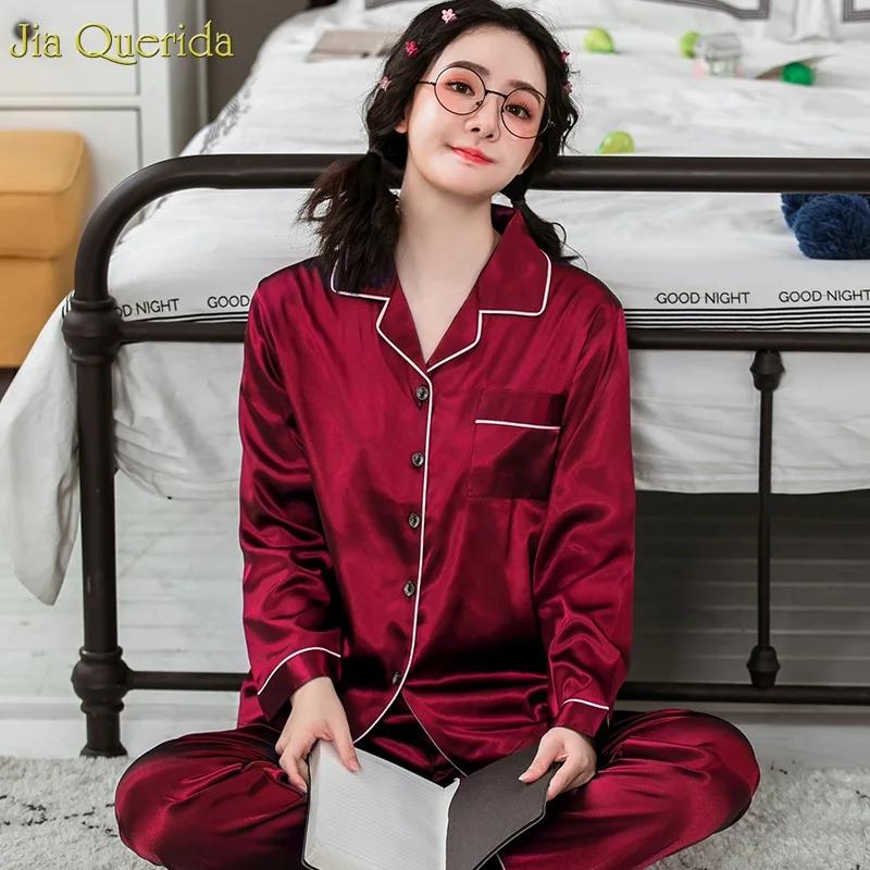 Christmas Red Satin Pajamas Women Plus Size Luxury Home Clothes Solid Long Sleeve Silk Pajama Set Cardigan Autumn | Женская одежда