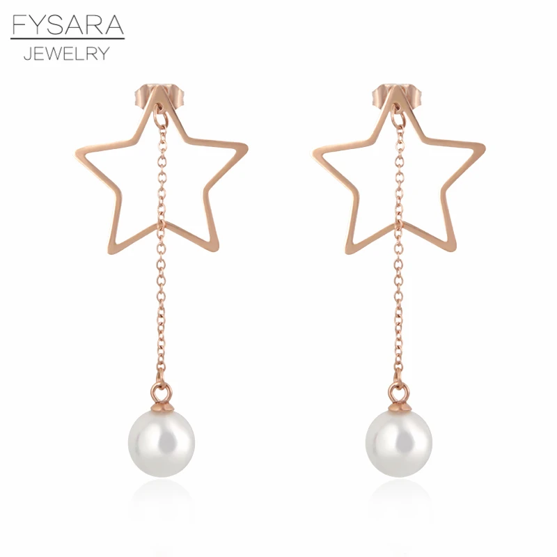 

FYSARA Stainless Steel Hollow Star Simulated-Pearl Drop Earrings For Women Charm Cute Dangle Long Earring Girl Boucles d'oreille
