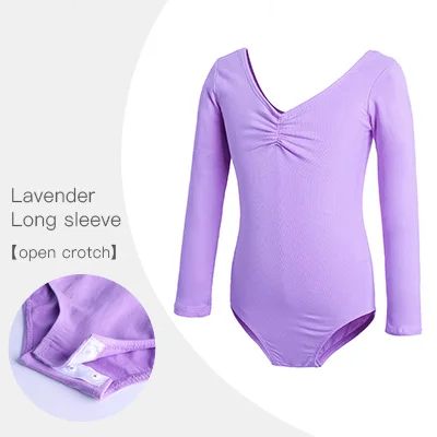Гимнастическое трико для маленьких девочек; одежда для балета; Одежда для танцев; черные, фиолетовые трико; хлопковое боди для танцев - Цвет: Lavender-long-open