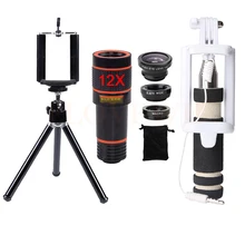 Универсальные зажимы рыбий глаз широкоугольный макрообъектив Микроскоп телескоп 12X телефото зум Lentes штатив монопод для смартфона
