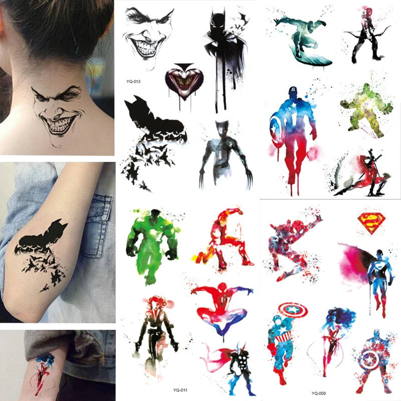 

4Sheet Multi-style Cartoon Avengers dark clown Batman Wolverine Temporary Flash Tattoo arm taty Body paint Colorful tatuagem