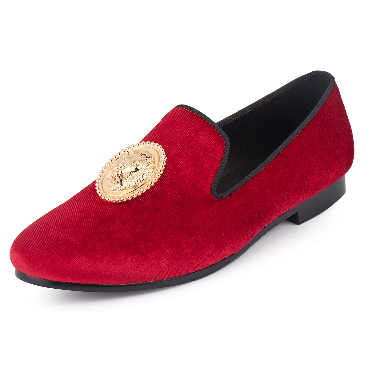 Harpelunde Men Dress Shoes With Lion Buckle Red Velvet Slippers