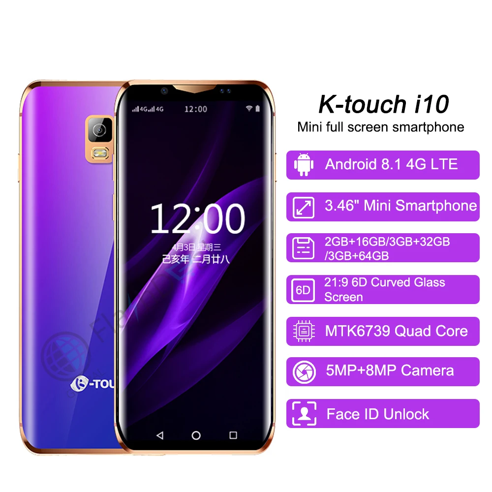 Mini Smartphone K-Touch i10 Quad Core 3GB 64GB 3.46Inch 6D Curved Glass Screen Android 8.1 Face ID WIFI Smallest 4G Smartphone