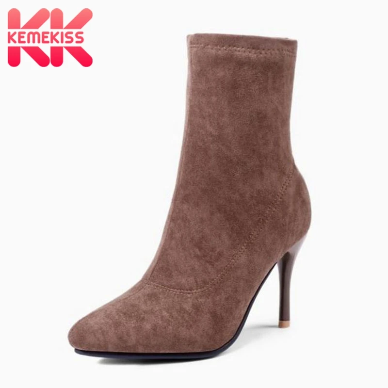 

KemeKiss Plus Size 32-45 Women Flock Mid Calf Boots Simple Winter Keep Warm Fur High Heel Boots Fashion Party Club Shoes Women