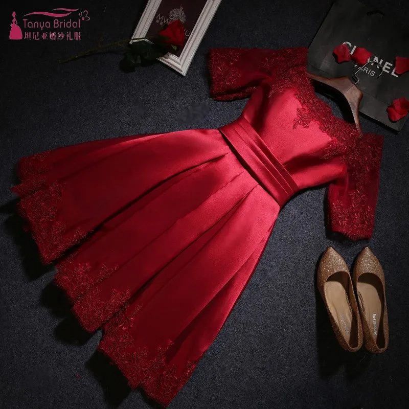 Розовое платье для подружки невесты длиной до колена с вырезом лодочкой и полурукавом; Цвет зеленый, шампань, красный; атласное платье для свадьбы; вечерние платья для гостей; JQ31