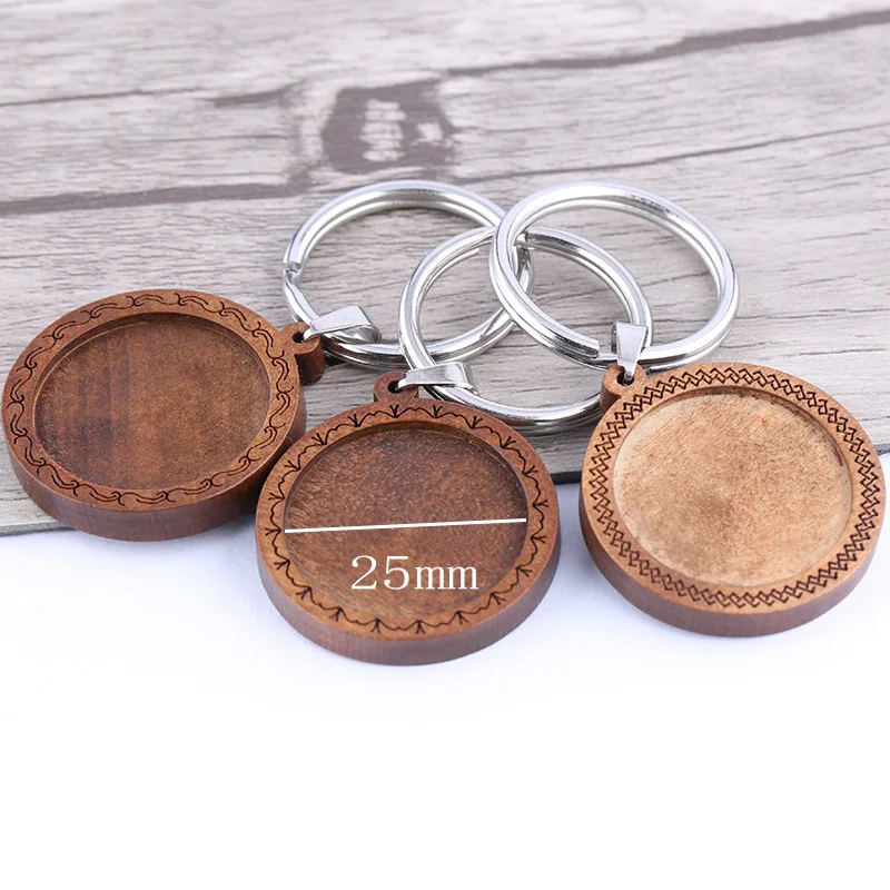 3pcs 25mm round glass cabochon wood keychain base setting stainless