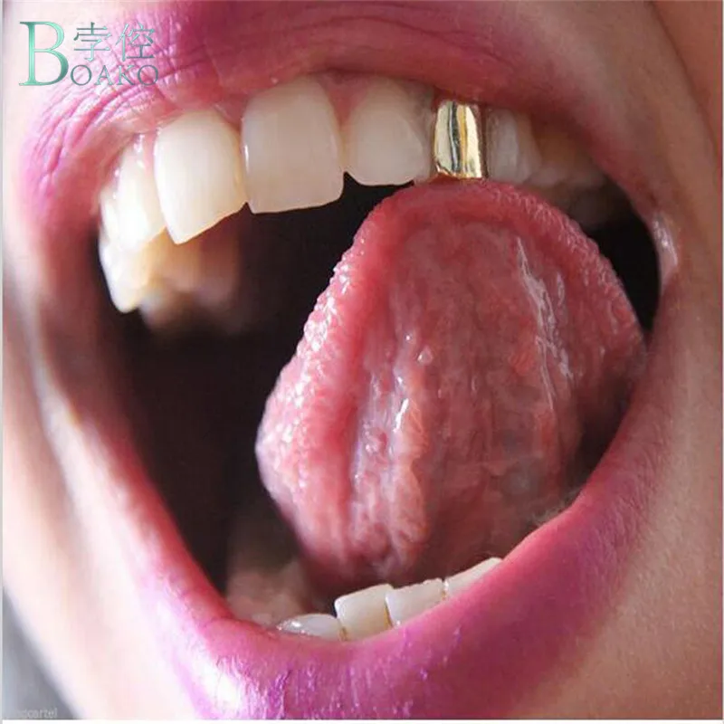 

BOAKO Metal Copper Tooth Grillz Gold Color single Dental Grillz Top Bottom Hiphop Teeth Caps Body Jewelry for Women Men Fashion