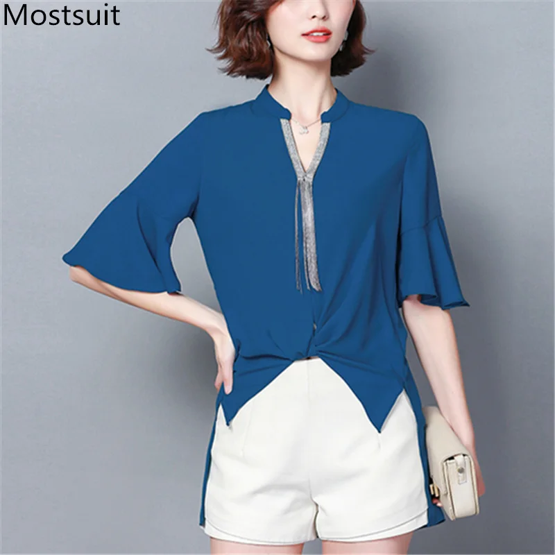 

Summer Chiffon Tassels Blouses Tops Women Plus Size Flare Sleeve V-neck Asymmetrical Office Elegant Korean Blusas Mujer 2019