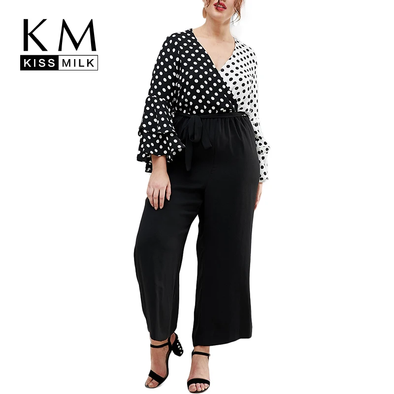 

Kissmilk Plus Size Color Block Polka Dot Flare Sleeve Blouse Contrast Long sleeve V Neck Shirts 2018 New Fashion Women Blouse