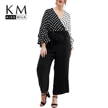 Kissmilk Plus Size Color Block Polka Dot Flare Sleeve Blouse Contrast Long sleeve V Neck Shirts 2018 New Fashion Women Blouse