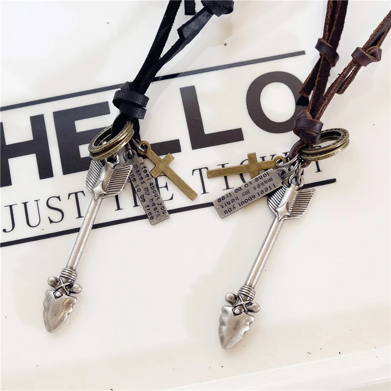 NIUYITID Arrow Feather Pendant Necklace Ancient Silver Color Men Genuine Leather Jewellery Long Rope Asjustable 40-80cm  (4)