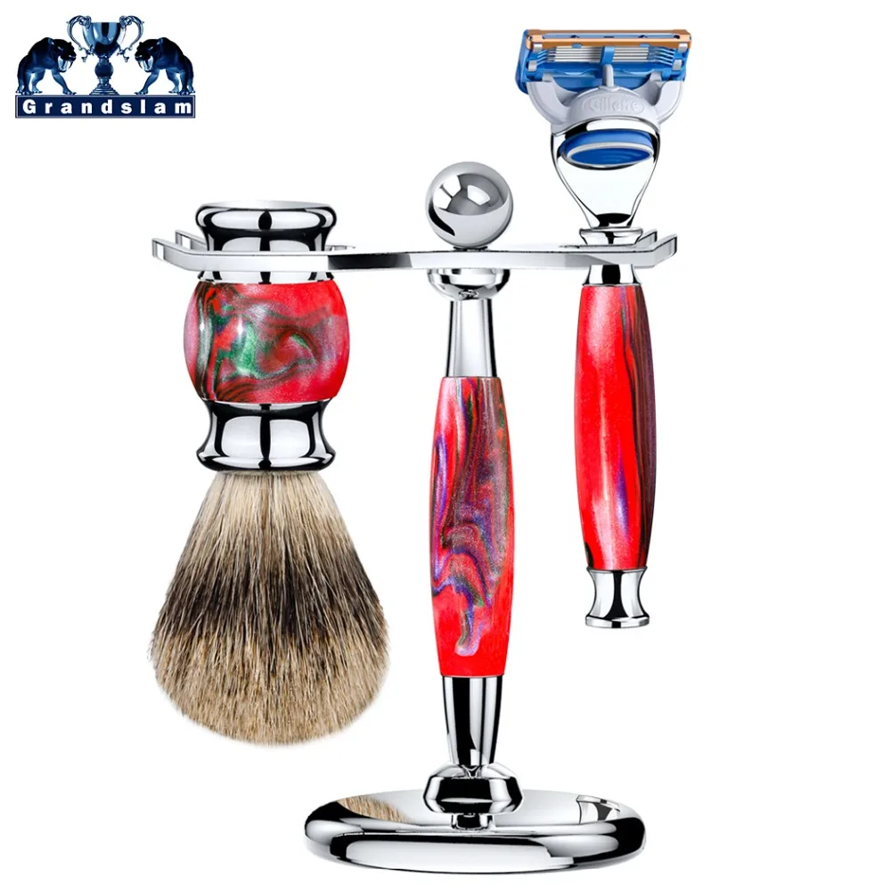 

Grandslam Manual 5 Blade Razor Set Cartridge Shaving Razors + Badger Shaving Brush + Shave Alloy Holder Stand