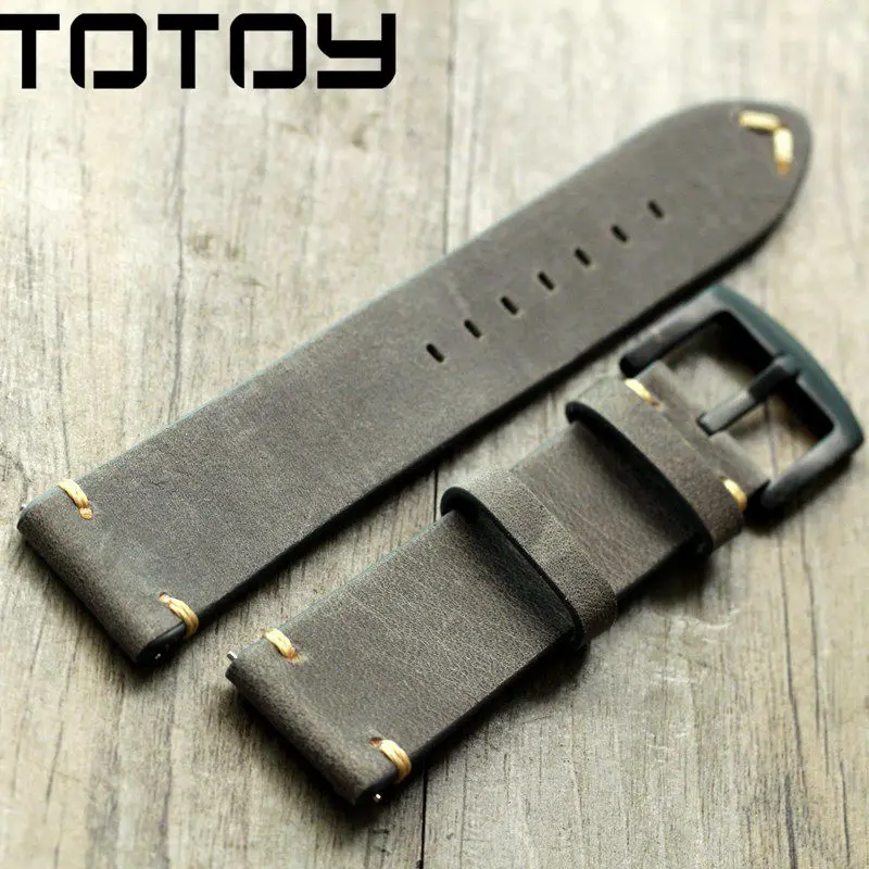 Ремешок для часов TOTOY ручной работы дымчато серый из кожи Крейзи Хорс 18 мм 20 22