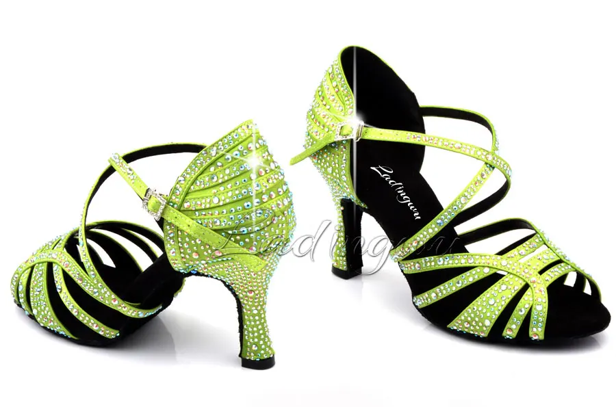 Ladingwu светильник детские зеленые атласные Туфли для латинских танцев Для женщин профессии Сальса Обувь для танцев Для женщин бальных танцев Сандалии Стразы обувь