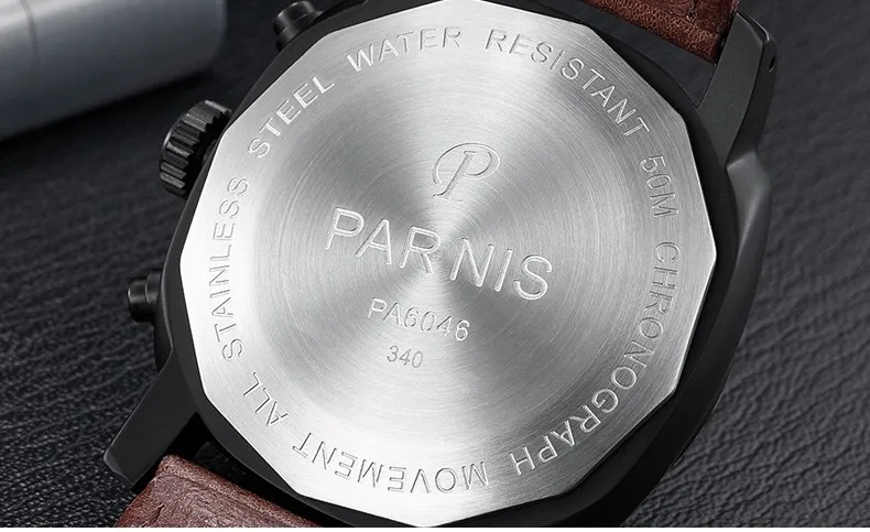 Parnis Pilot Seriers светящиеся Мужские часы с кожаным ремешком, военные спортивные кварцевые часы с хронографом, наручные часы