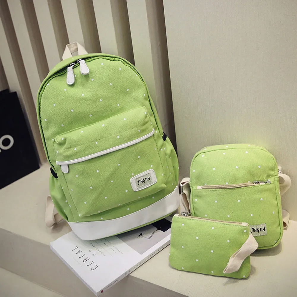 

New207 New Fashion Dot Canvas Printing Women Girl Large-capacity Bag School Students Three-piece Backpack+Shoulder bag Set