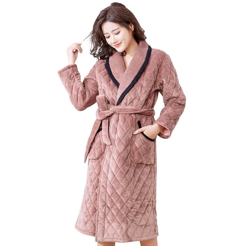 Plus Size M 3XL Winter Kimono Robes For Women Flannel Quilted Bathrobe Long Robes Female Longue ...