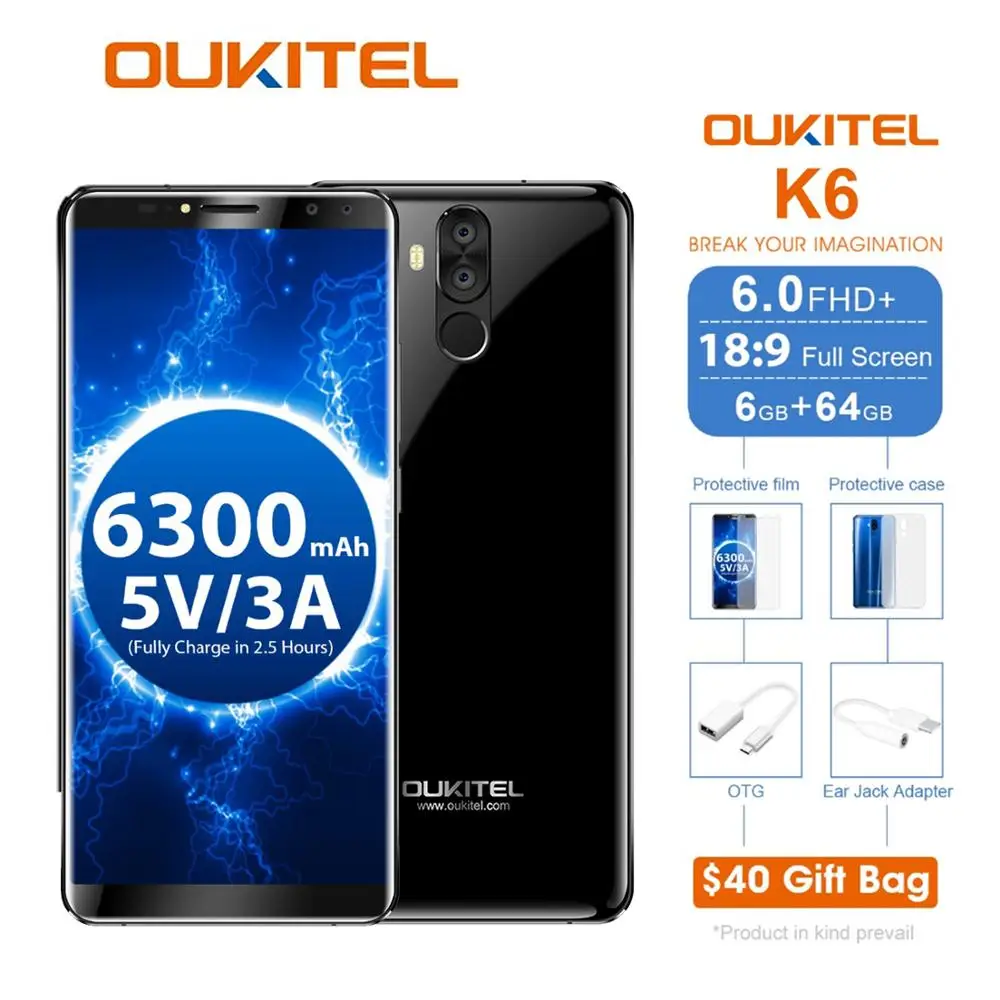 

Oukitel K6 6300mAh Battery 5V3A Fast Charge6.0'' 18:9 Face ID 6GB 64GB MT6763 Octa Core Smartphone 4G Fingerprint 21MP+13MP 4Cam