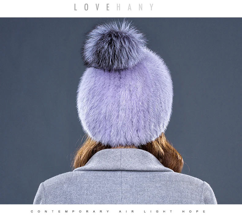 Winter hats Real Mink Fur Fat For Women Knitted Natual fur Beanies Female Thick Warm With Hat Fox Fur Pompom RC1349 (16)