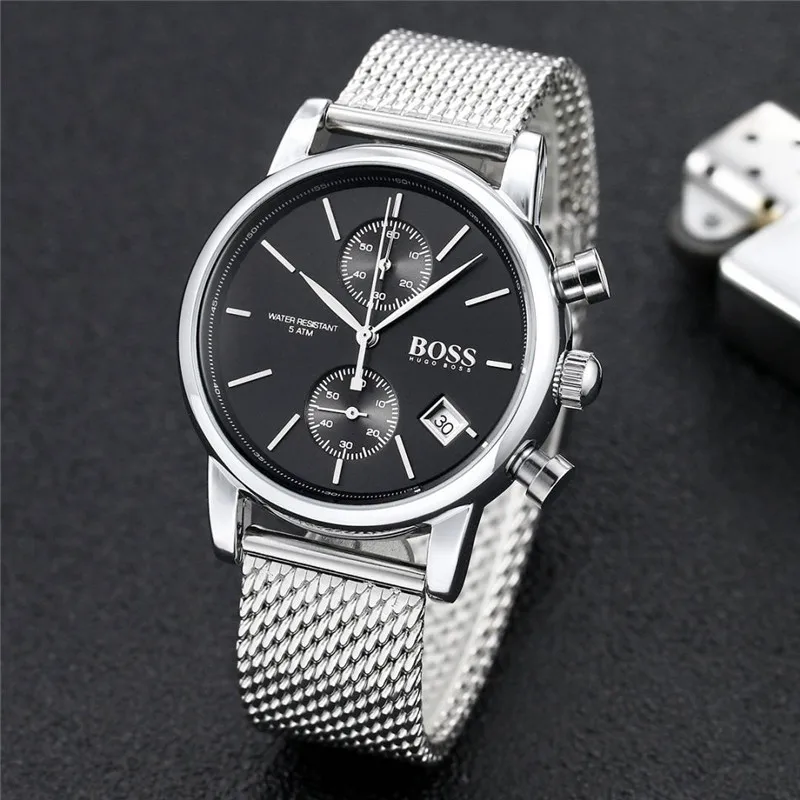 

BOSS Men Watches Waterproof Date Wrist Watch Male Mesh Strap Casual Quartz Clock Watch Stainless Steel