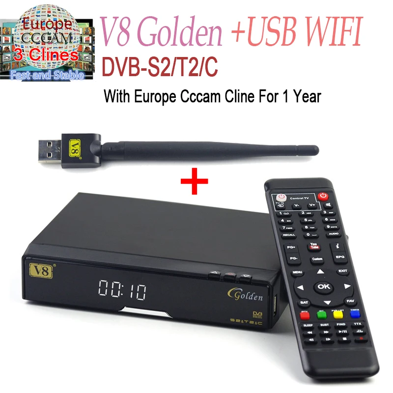 

V8 Golden DVB-T2 DVB-S2/C Satellite Receiver HD+1 Year Cccam Europe Support PowerVu Biss Key Receptor Decoder With 1pc usb wifi