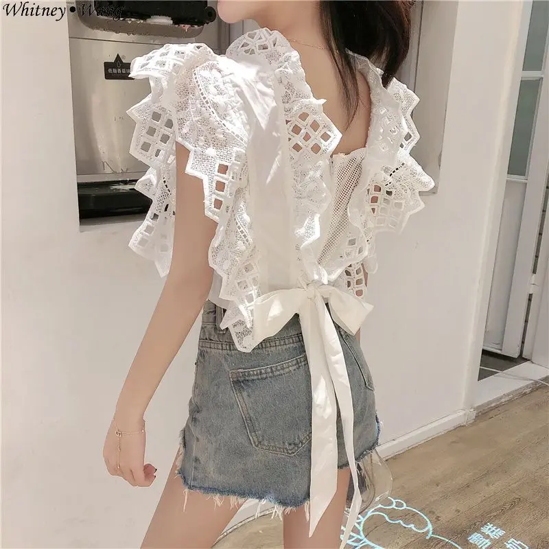 

WHITNEY WANG Blouses Woman 2019 Fashion Streetwear Backless Bow Ruffles Blouse Women Blusas Shirt Tops