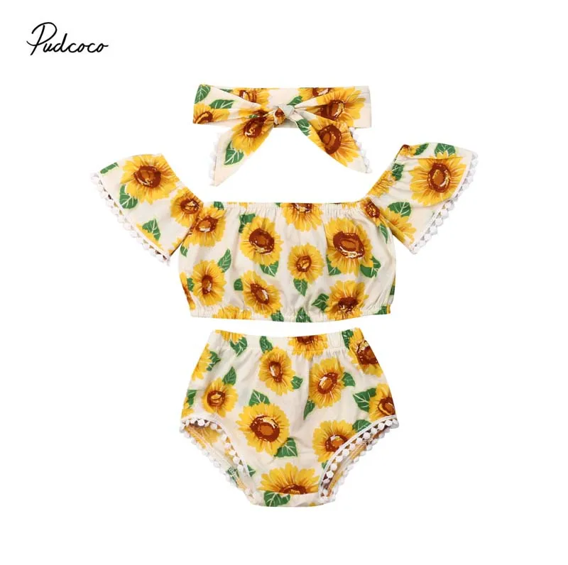 

2019 Brand 0-18M Baby Girl Summer Clothes Infant Sunflower Crop Tops Shorts 3PCS Headband Holiday Bohemian Baby Set Outfit 0-18M