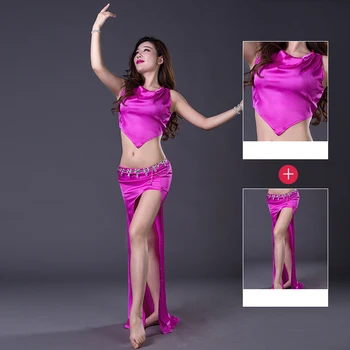 

2018New Fashion Sleeveless Satin Skirt Sexy 4 colors Belly Dance Set For Women Belly Dancing Clothes Suit