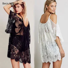 Beautystay mujeres sexy beach summer dress boho floral de la correa de manga larga de encaje flojo ocasional blanco mini vestidos de traje de baño cubre sube