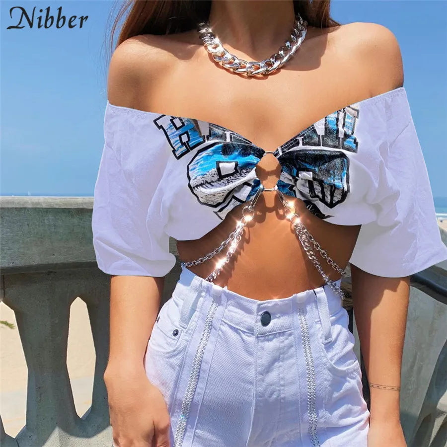 Nibber модная уличная панк стильная декоративная металлическая цепь Футболка женская белая хлопковая укороченная футболка летняя Уличная Повседневная футболка