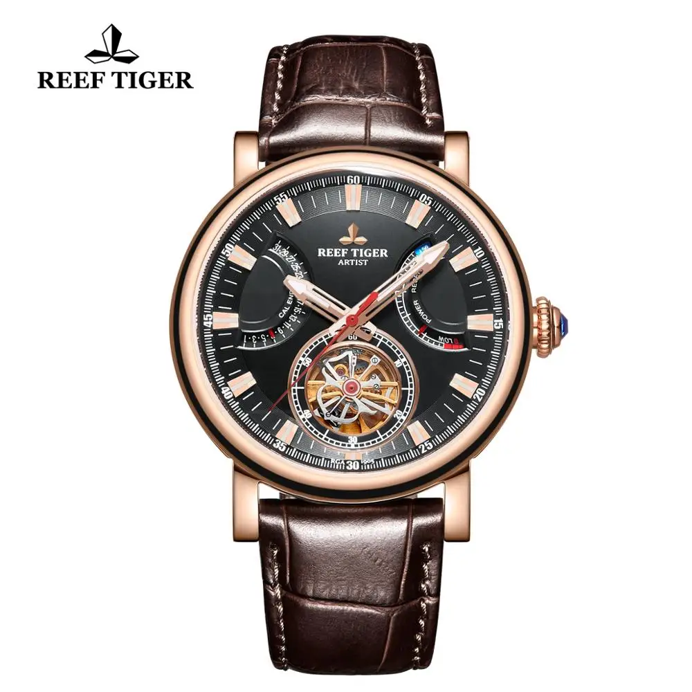  Reef Tiger/RT Automatic Watch for Men Black Dial Leather Strap Watch with Date Day RGA1950