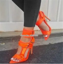 ALMUDENA Women Fabulous Orange Lime Green Buckle Strap Sandals Thin High Heel Metal Decorated Dress Shoes Mixed Color Pumps ALMUDENA Women Fabulous Orange Lime Green Buckle Strap Sandals Thin High Heel Metal Decorated Dress Shoes Mixed Color Pumps