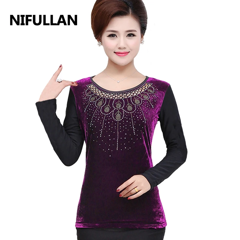

NIFULLAN Velvet Top Women Long Sleeve Warm T-Shirt Spring Autumn O Neck Diamond Tee Shirt Femme Plus Size Mother Bottom Pullover