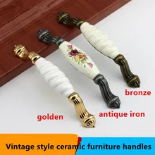 128mm fashion rural ceramic vintage furniture handle antique iron dresser door handle white golden cabinet drawer pull knob 5″