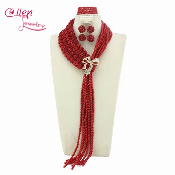 

Fashionable Nigerian Wedding African Beads Bridal Jewelry Set Red Costume African Jewelry Sets Free Shipping WS5180