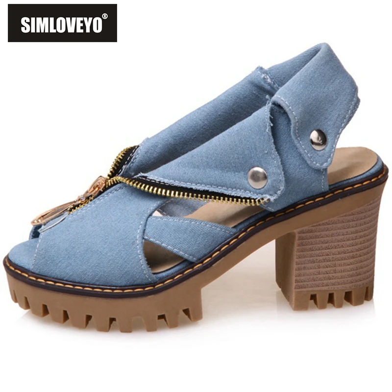 SIMLOVEYO The of denim with fish mouth women sandals high heels women's zipper large size non slip shoes QL1139