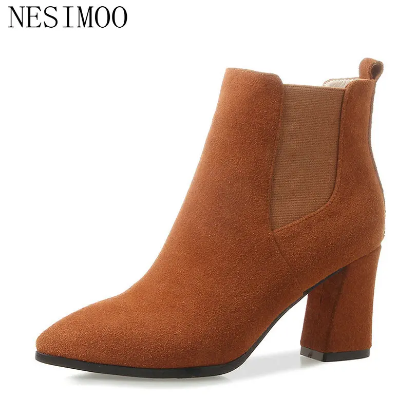 

NESIMOO 2019 Women Shoes Ankle Boots High Heel PU+Cow Suede Slip On Pointed Toe Black Ladies Motorcycle Shoes Size 34-39