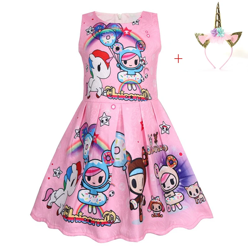 

2019 Girl Unicorn Birthday animal print Party Dress With Matching Headband Flowers Girls Pony Unicorn Theme Halloween Costume
