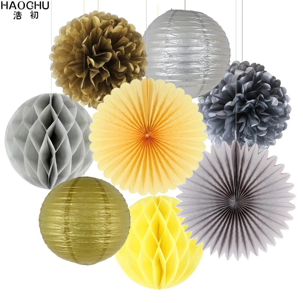 8pcs/Set Round Chinese Paper Lanterns Gold Silver Tissue Paper Honeycomb Balls Wedding Flower Birthday Party Hanging Decorations - Цвет: Yellow Grey