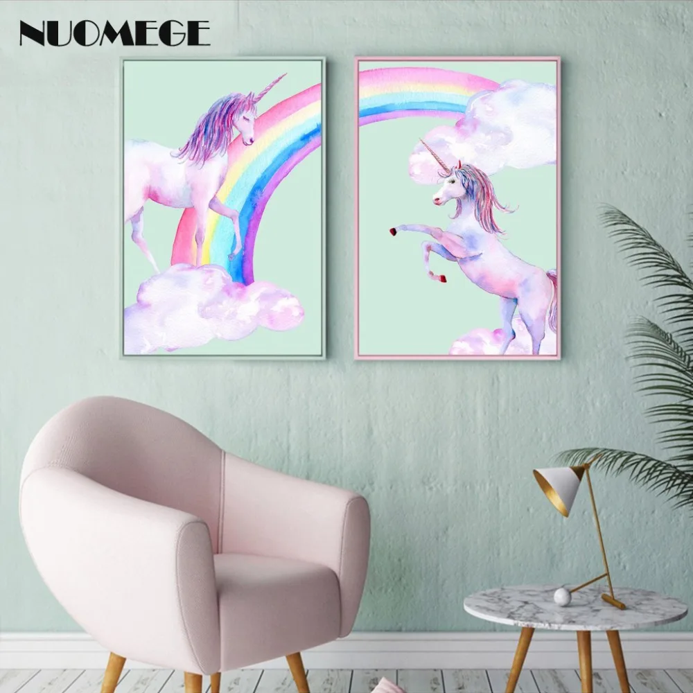 

Cute Wall Art Pink Unicorn Rainbow Painting Watercolor Pegasus Posters and Prints Nordic Style Kids Children Room Decoration