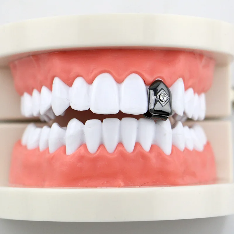 HIPHOP Single Teeth Grillz 4 Color Grillz With Clear Crystal Inlay  Hip Hop Jewelry for Men Body Joyeria Mouth Decoration (9)