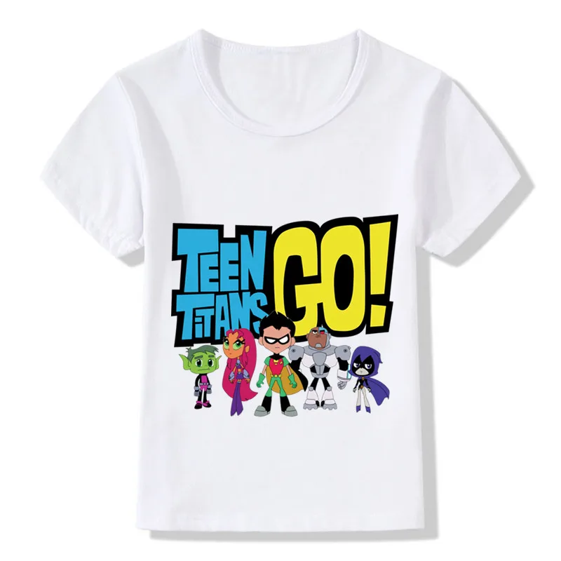 Дети мультфильм Teen Titans Go забавная футболка Для детей, на лето Повседневное топы для маленьких мальчиков Милая Одежда для девочек, HKP5129