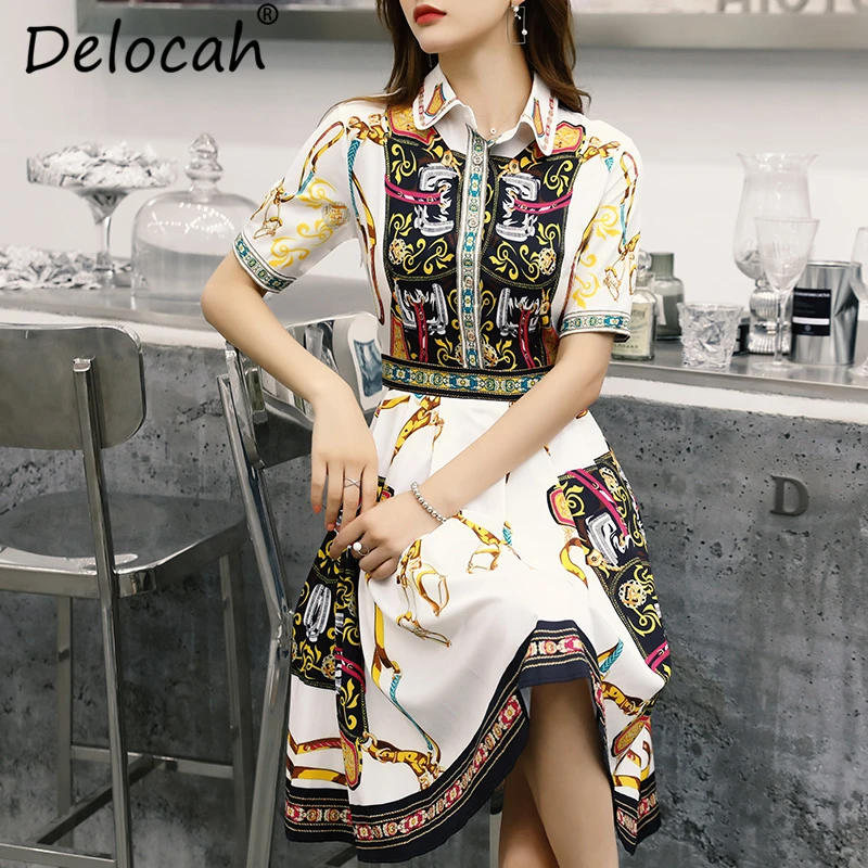 Delocah 2019 Women Spring Summer Dress Runway Fashion Designer Short Sleeve Geometric Printed Elegant Vintage Vacation Dresses