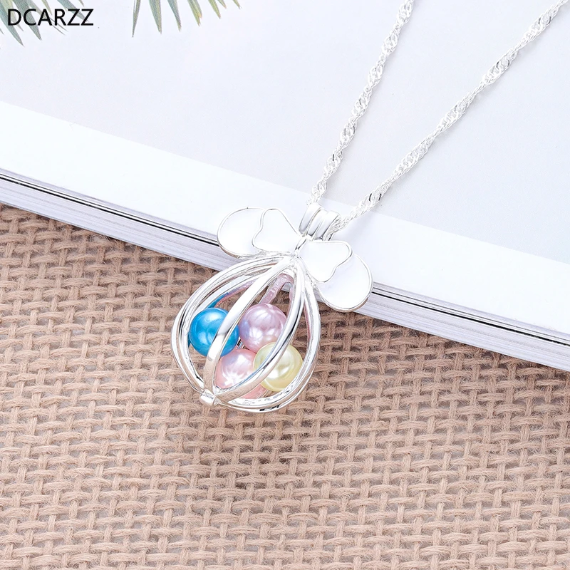

Bow Mickey Ears Pendant Pearl Cage Long Chain Locket Necklace Pearl Beads Charm Cartoon Jewelry Girls Gift Classic Accessories