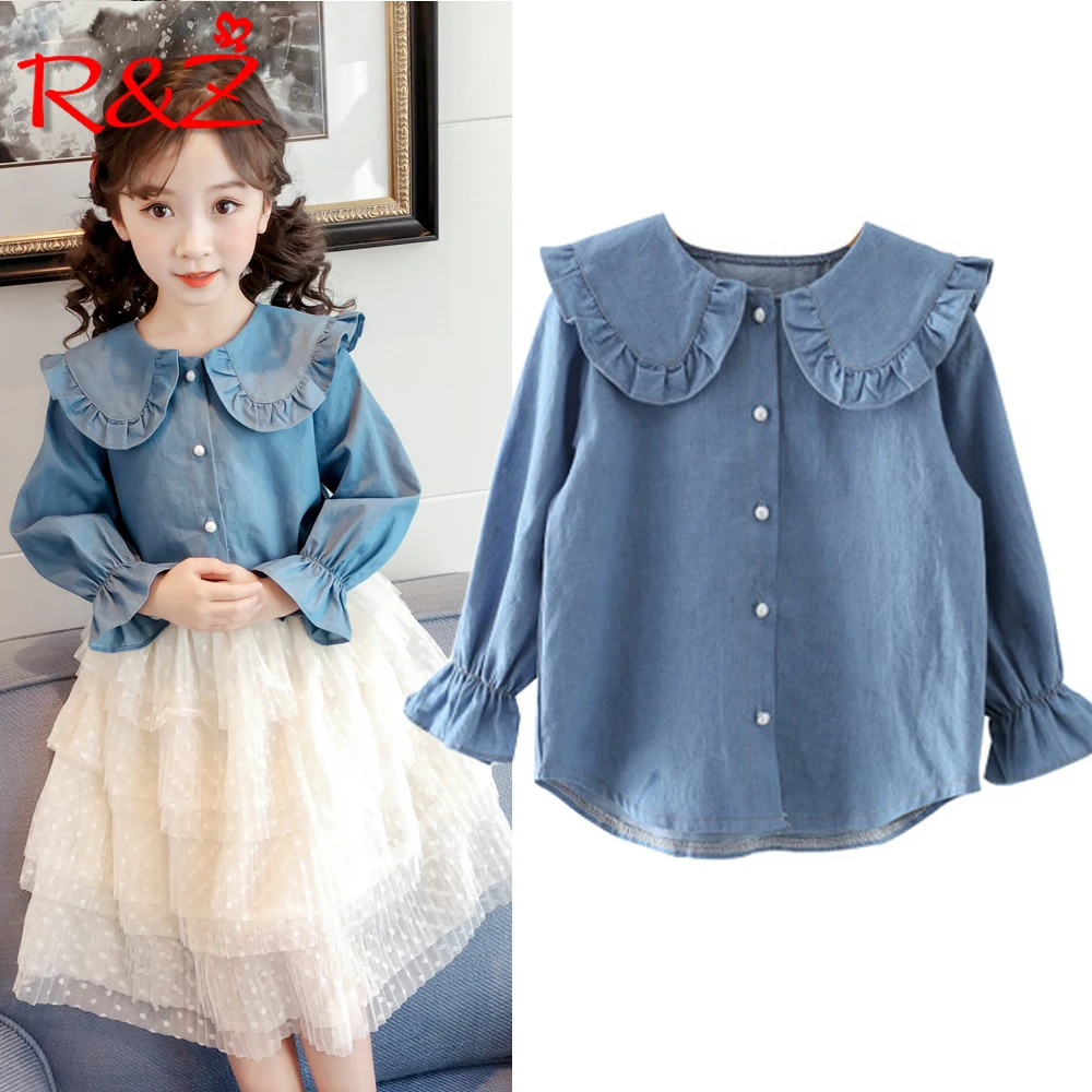 

R&Z girls shirt 2019 spring Korean version of the new girl denim shirt long-sleeved doll collar shirt children's clothing