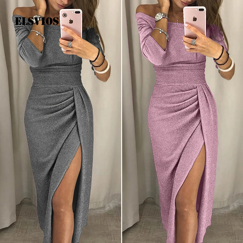 

ELSVIOS Women Sexy Bright Silk Shiny Bodycon Party Dress Off Shoulder Three quarter Sleeve High Waist Split Bling Club Dresses
