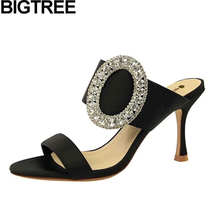 preço BIGTREE Mulheres Sandálias de Verão Dedo Aberto Bombas Dos Saltos Altos de Metal Decoração de Cristal Strass Slides Mulas Stilettos Sapatos de Mulher