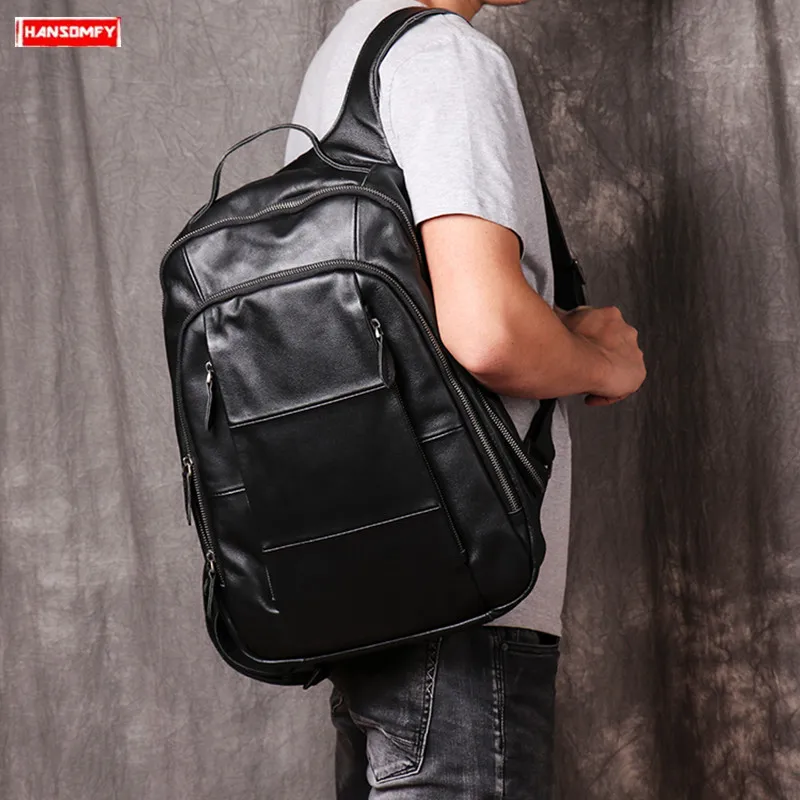 Couro do Couro Bolsa de Ombro Laptop de Couro Genuíno dos Homens de Negócios de Grande Mochila de Viagem Black Mochilas Capacidade Computador New
