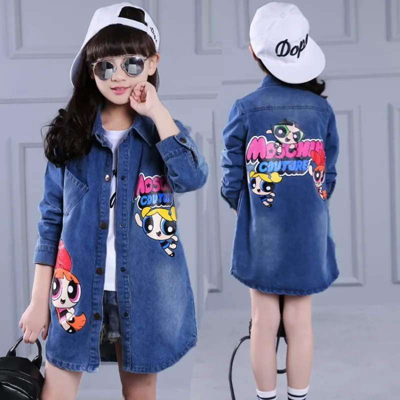 2018 New Spring Autumn Trench Coats for Child Powerpuff Cartoon Girl Top Jacket Denim Topcoat Jeans Coach Jacket for Girls