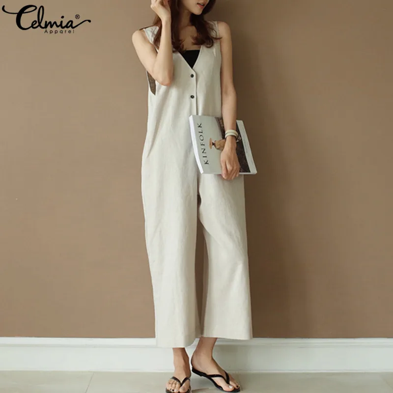 

S-5XL Celmia Women Jumpsuit Sleeveless 2019 Summer Romper Wide Leg Trousers Female V-neck Button Casual Solid Overalls Plus Size